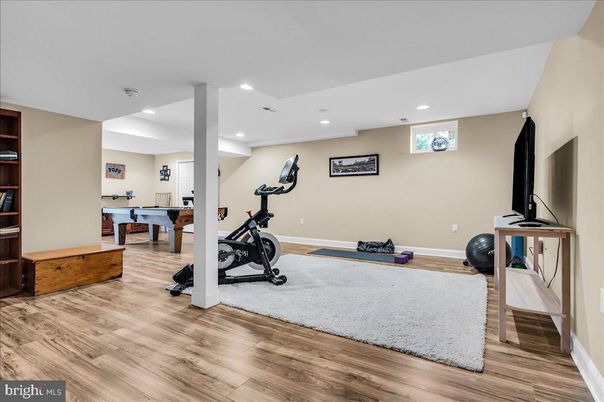 Billiard Table, Fitness Equipment, Game Room, Interior, Recessed Lighting, Wood Texture Flooring