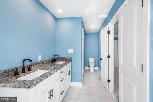 Bathroom, Dual Sink Vanities, Interior, Marble, Recessed Lighting