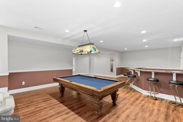 Billiard Table, Game Room, Interior, Pendant Lights, Recessed Lighting, Wood Texture Flooring