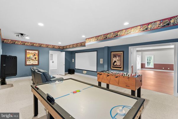 Billiard Table, Game Room, Interior, Projection Screen, Recessed Lighting, Wood Texture Flooring