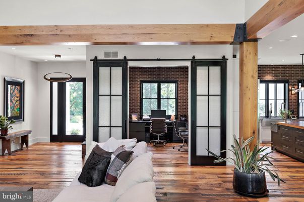 Home Office, Interior, Recessed Lighting, Stone Walls, Wooden Beams, Wood Texture Flooring
