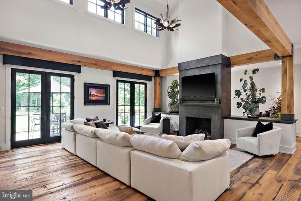 Fireplace, Interior, Living room, Pendant Lights, Wood Texture Flooring