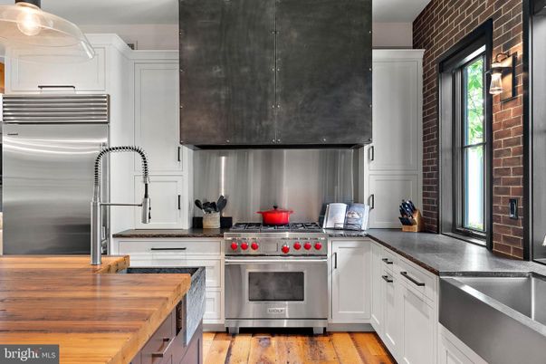 Interior, Kitchen, Stainless Steel Appliances, Stone Walls, Wood Texture Flooring