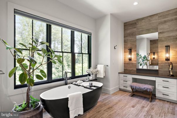Bathroom, Free Standing Baths, Interior, Recessed Lighting, Wood Texture Flooring, Wooden Walls