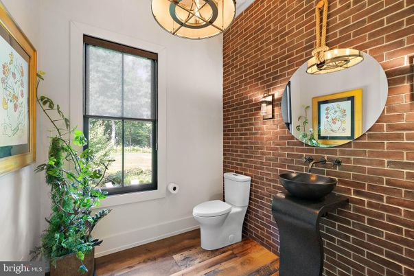 Bathroom, Interior, Pendant Lights, Stone Walls, Wood Texture Flooring
