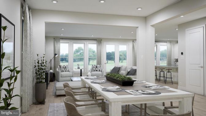 Dining room, Interior, Living room, Recessed Lighting, Wood Texture Flooring