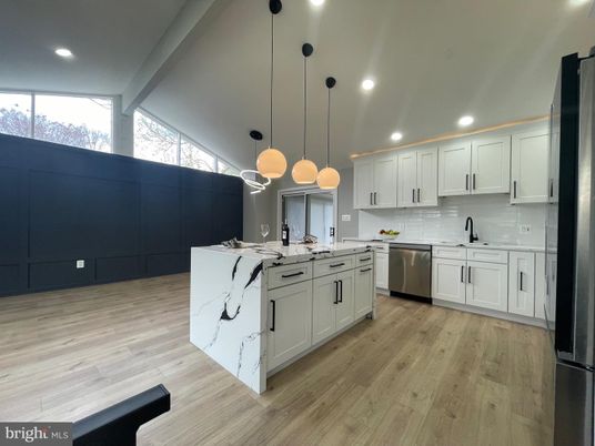 Interior, Kitchen, Pendant Lights, Recessed Lighting, Stainless Steel Appliances, Wood Texture Flooring
