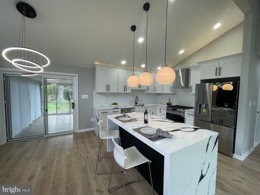 Interior, Kitchen, Pendant Lights, Recessed Lighting, Stainless Steel Appliances, Wood Texture Flooring