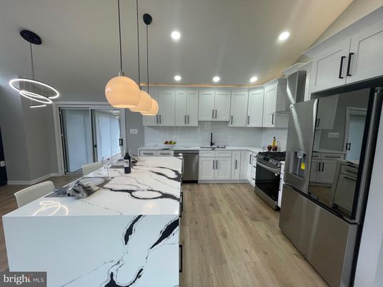 Interior, Kitchen, Pendant Lights, Recessed Lighting, Stainless Steel Appliances, Wood Texture Flooring