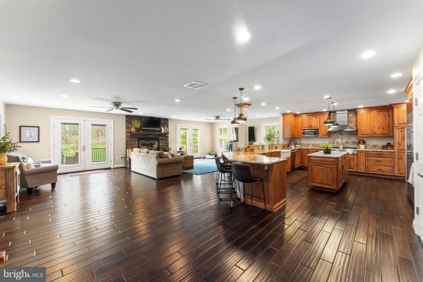 Fireplace, Interior, Kitchen, Living room, Pendant Lights, Recessed Lighting, Wood Texture Flooring