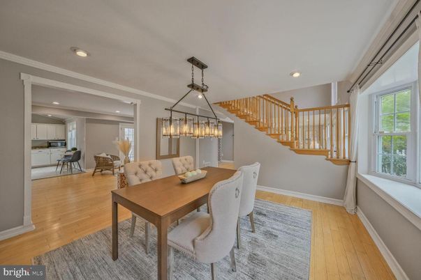 Dining room, Interior, Pendant Lights, Recessed Lighting, Wood Texture Flooring