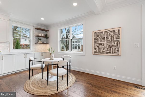 Dining room, Interior, Recessed Lighting, Wood Texture Flooring
