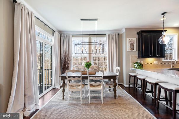 Dining room, Interior, Pendant Lights, Recessed Lighting, Wood Texture Flooring