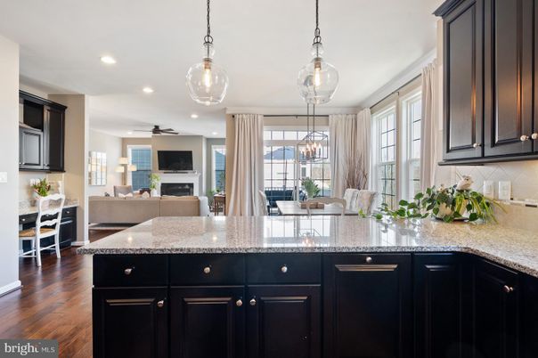 Dining room, Fireplace, Interior, Kitchen, Living room, Pendant Lights, Recessed Lighting, Wood Texture Flooring