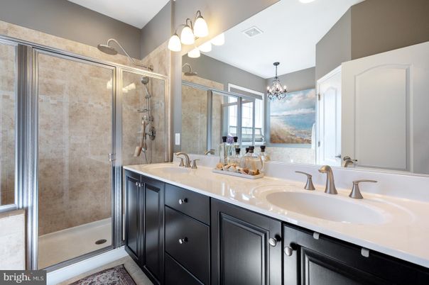 Bathroom, Chandelier, Dual Sink Vanities, Glass Shower, Interior