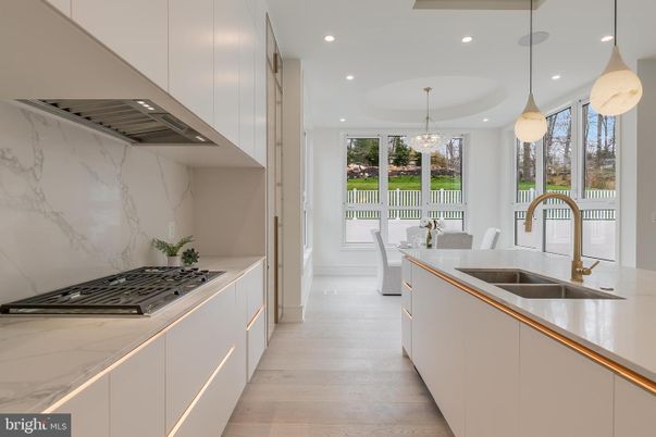 Dining room, Interior, Kitchen, Marble Walls, Pendant Lights, Recessed Lighting, Stainless Steel Appliances, Wood Texture Flooring