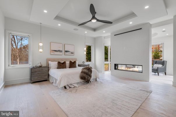 Bedroom, Fireplace, Interior, Pendant Lights, Recessed Lighting, Wood Texture Flooring