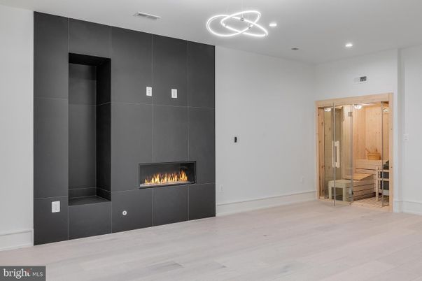 Fireplace, Interior, Pendant Lights, Recessed Lighting, Wood Texture Flooring