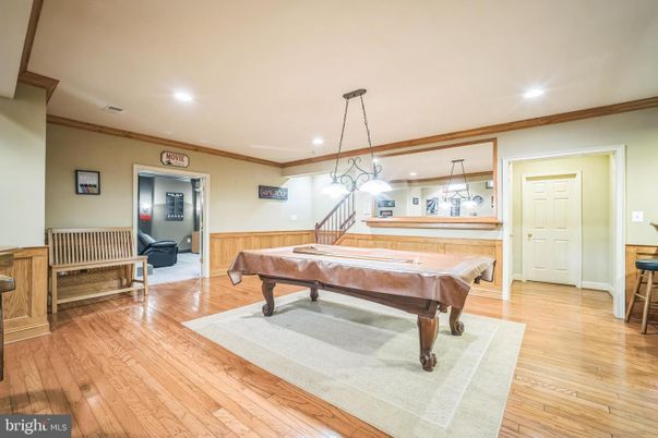 Billiard Table, Game Room, Interior, Pendant Lights, Recessed Lighting, Wood Texture Flooring