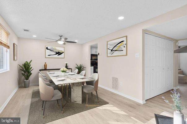 Dining room, Interior, Recessed Lighting, Wood Texture Flooring