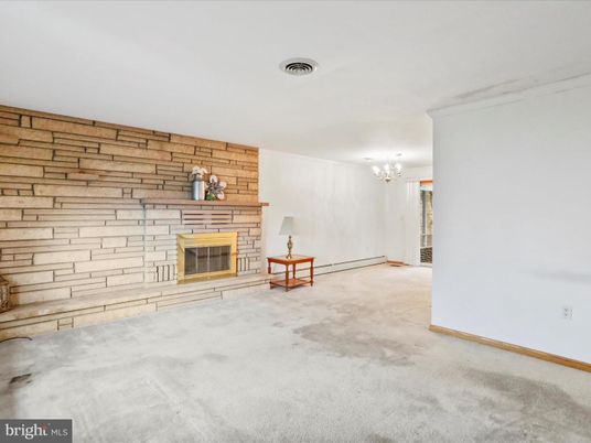 Chandelier, Empty room, Fireplace, Interior, Stone Walls