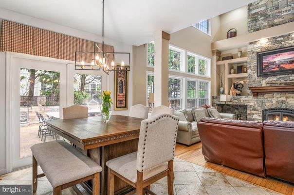 Dining room, Fireplace, Interior, Living room, Pendant Lights, Stone Walls, Wood Texture Flooring