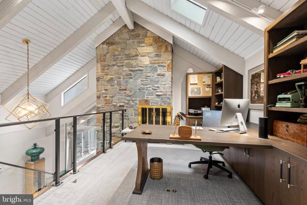 Fireplace, Home Office, Interior, Pendant Lights, Stone Walls