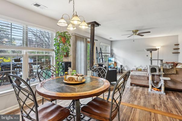 Dining room, Interior, Pendant Lights, Wood Texture Flooring