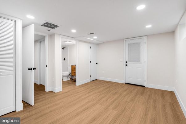 Bathroom, Empty room, Interior, Recessed Lighting, Wood Texture Flooring