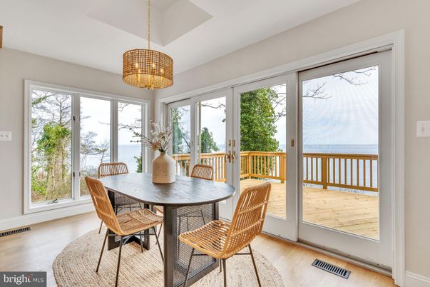 Dining room, Interior, Pendant Lights, Wood Texture Flooring