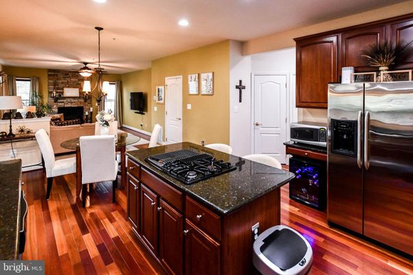 Dining room, Fireplace, Interior, Kitchen, Living room, Pendant Lights, Recessed Lighting, Stainless Steel Appliances, Wood Texture Flooring