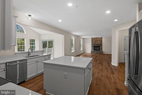 Fireplace, Interior, Kitchen, Recessed Lighting, Wood Texture Flooring