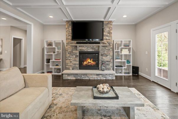Fireplace, Interior, Living room, Recessed Lighting, Wood Texture Flooring
