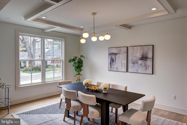 Dining room, Interior, Pendant Lights, Recessed Lighting, Wood Texture Flooring