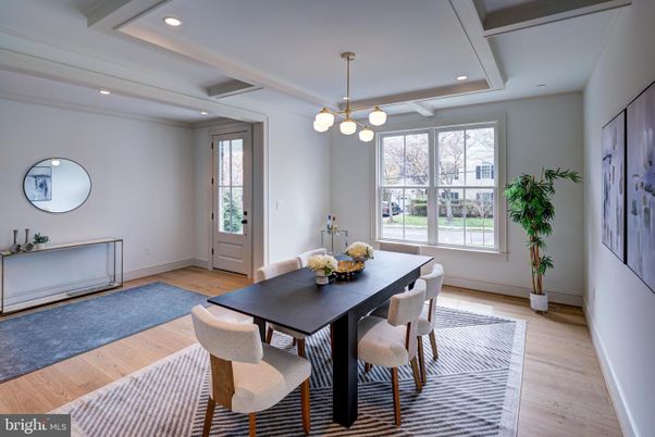 Dining room, Interior, Pendant Lights, Recessed Lighting, Wood Texture Flooring