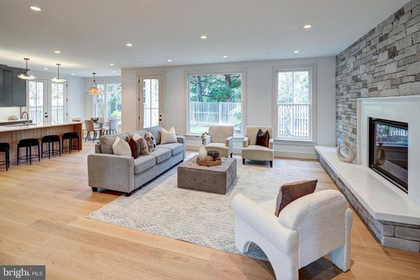 Dining room, Fireplace, Interior, Kitchen, Living room, Pendant Lights, Recessed Lighting, Stone Walls, Wood Texture Flooring