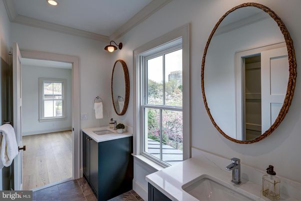 Bathroom, Dual Sink Vanities, Interior, Recessed Lighting, Wood Texture Flooring
