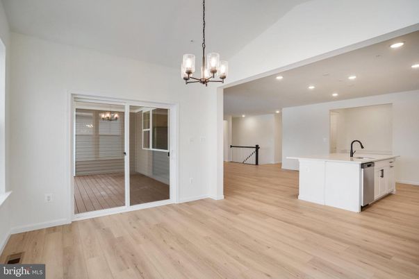 Empty room, Interior, Kitchen, Pendant Lights, Recessed Lighting, Wood Texture Flooring