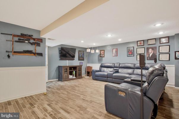 Home Theatre Room, Interior, Living room, Recessed Lighting, Wood Texture Flooring