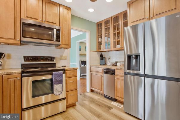 Interior, Kitchen, Recessed Lighting, Stainless Steel Appliances, Wood Texture Flooring