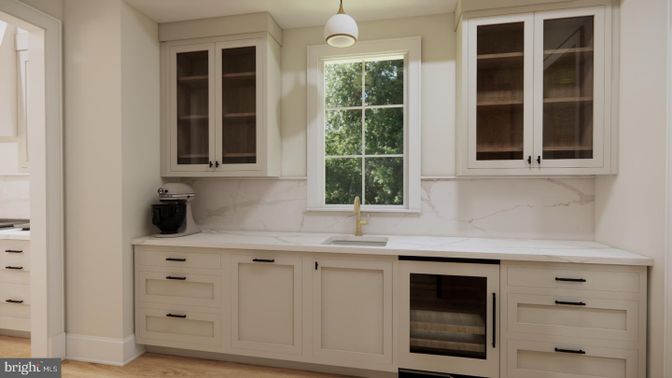 Interior, Kitchen, Marble Walls, Pendant Lights, Wood Texture Flooring