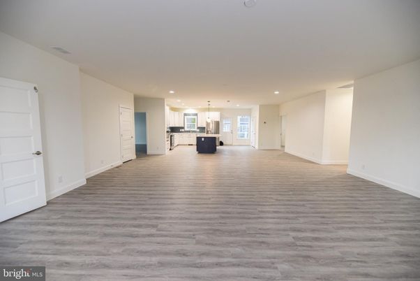 Empty room, Interior, Kitchen, Pendant Lights, Recessed Lighting, Wood Texture Flooring