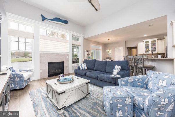 Dining room, Fireplace, Interior, Kitchen, Living room, Pendant Lights, Recessed Lighting, Wood Texture Flooring