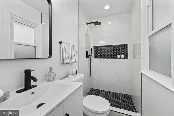 Bathroom, Glass Shower, Interior, Marble Walls, Recessed Lighting