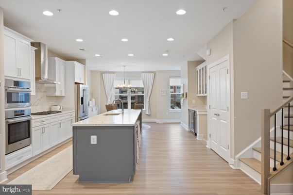 Chandelier, Interior, Kitchen, Recessed Lighting, Stainless Steel Appliances, Wood Texture Flooring