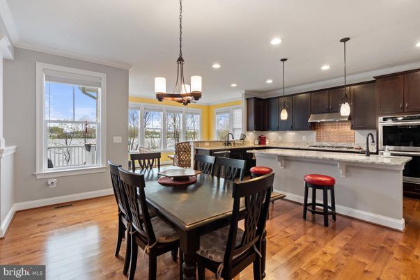 Dining room, Interior, Kitchen, Pendant Lights, Recessed Lighting, Wood Texture Flooring
