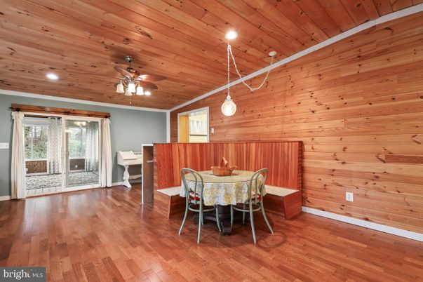 Dining room, Interior, Pendant Lights, Recessed Lighting, Wooden Ceilings, Wood Texture Flooring, Wooden Walls