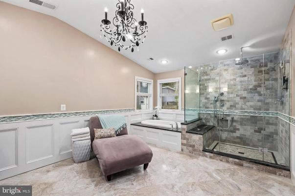 Bathroom, Glass Shower, Interior, Marble, Pendant Lights, Recessed Lighting