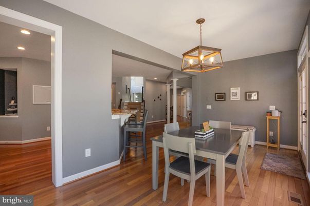 Dining room, Interior, Pendant Lights, Recessed Lighting, Wood Texture Flooring