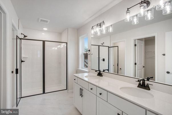 Bathroom, Dual Sink Vanities, Glass Shower, Interior, Marble, Recessed Lighting